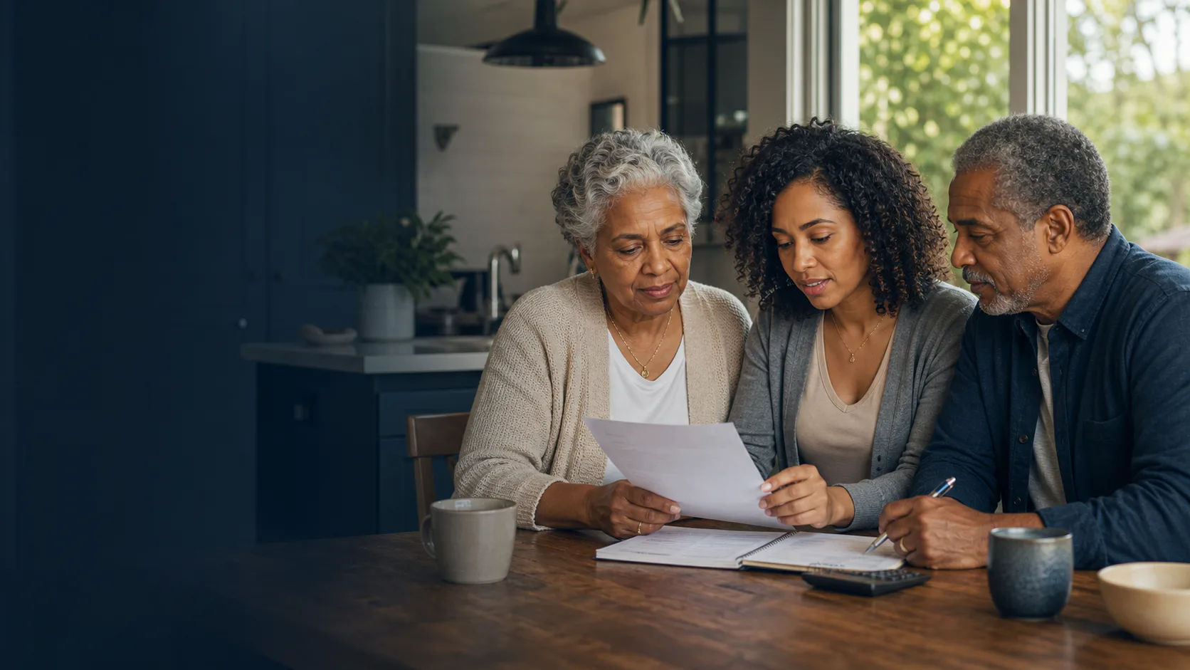 Family reviewing care planning costs at home